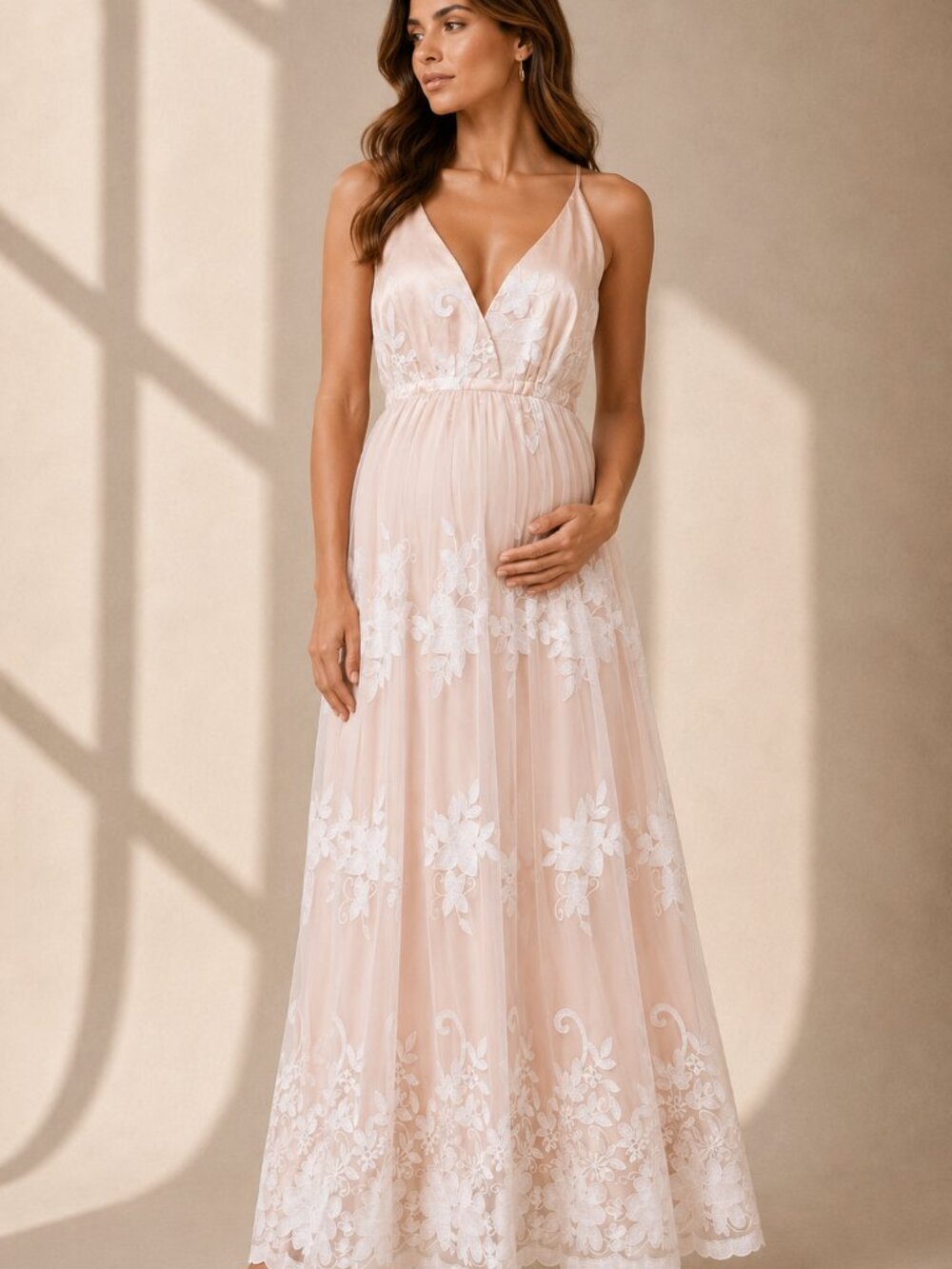 MomyKnows Blush Embroidered Floral Mesh Maxi Dress Maternity Open Back S